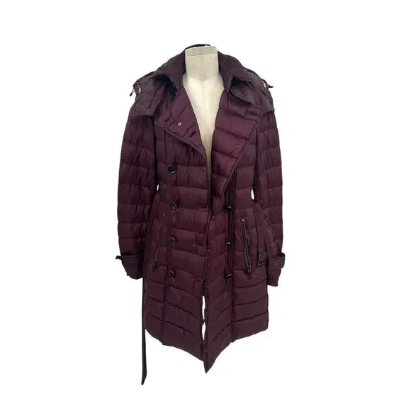 Burberry Brit Belted Down Coat Burgundy Purple Maroon Size Small